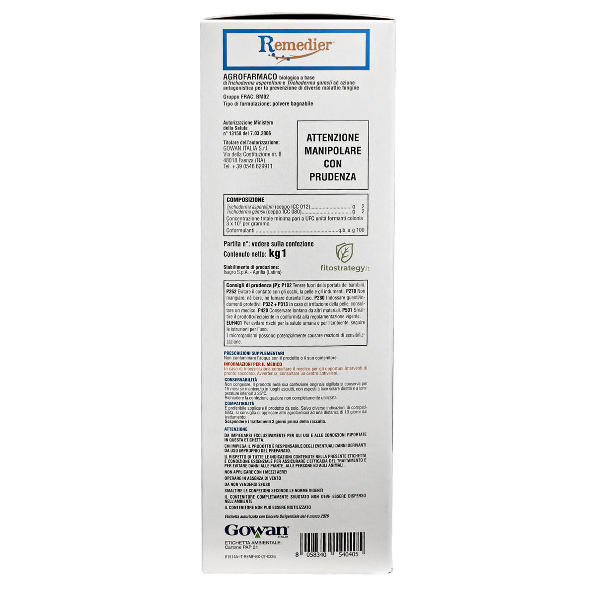 REMEDIER 1Kg Gowan Fungicida Biologico preventivo base di Trichoderma asperellum gamsii